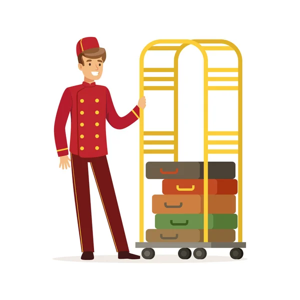 Personagem de sino sorridente vestindo uniforme de peito duplo vermelho com carrinho de bagagem, vetor de equipe do hotel Ilustração — Vetor de Stock