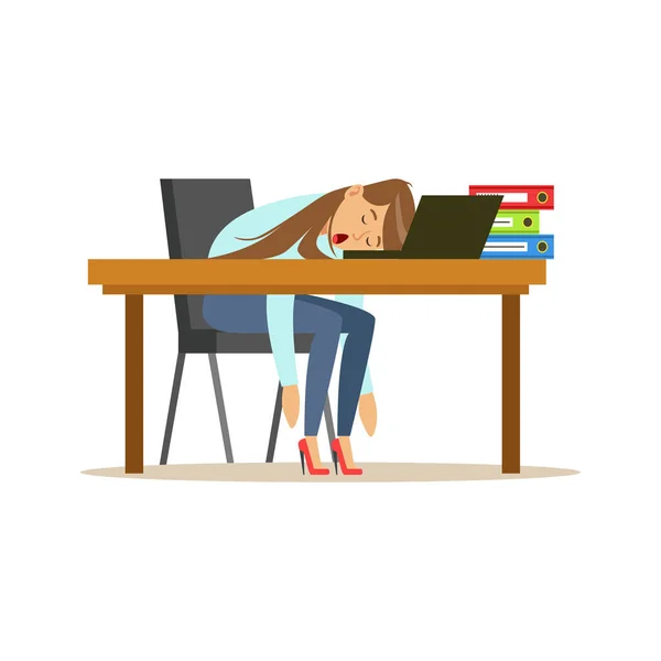 Mujer de negocios cansado dormir en el escritorio con el ordenador portátil, relajante persona vector Ilustración — Archivo Imágenes Vectoriales