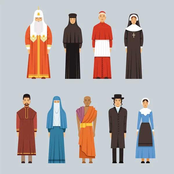 Conjunto de personas religiosas, hombres y mujeres de diferentes confesiones religiosas en ropas tradicionales — Vector de stock