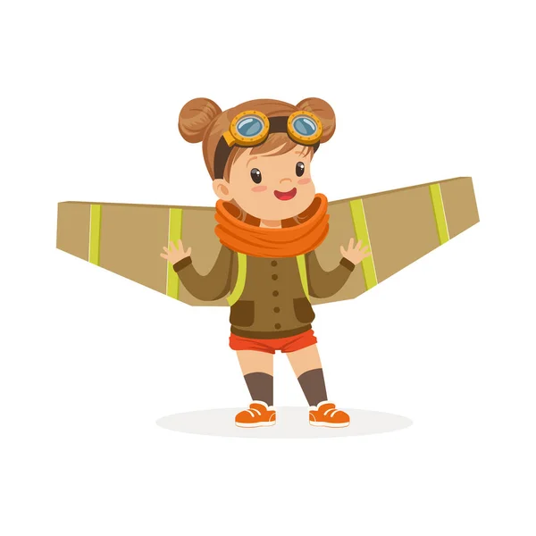 Cute little girl in pilot costume playing with wings, kid dreaming of piloting the plane vector Illustration — Stock Vector