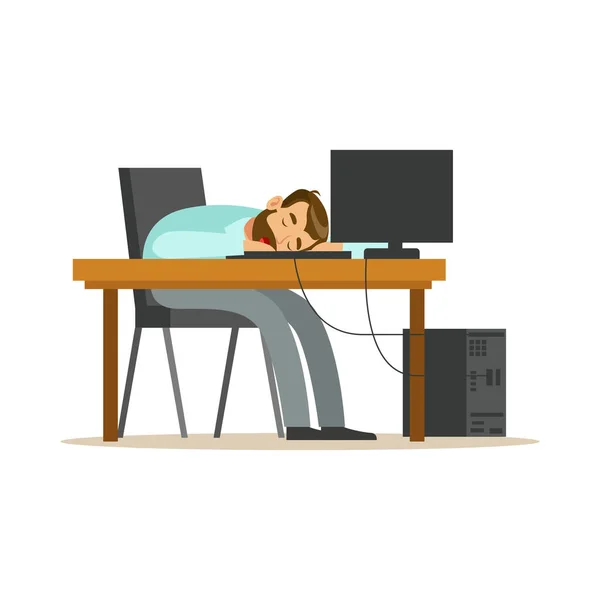 Уставший бизнесмен спит на рабочем месте на клавиатуре ноутбука, уставший офисный работник расслабляющий вектор иллюстрации — стоковый вектор