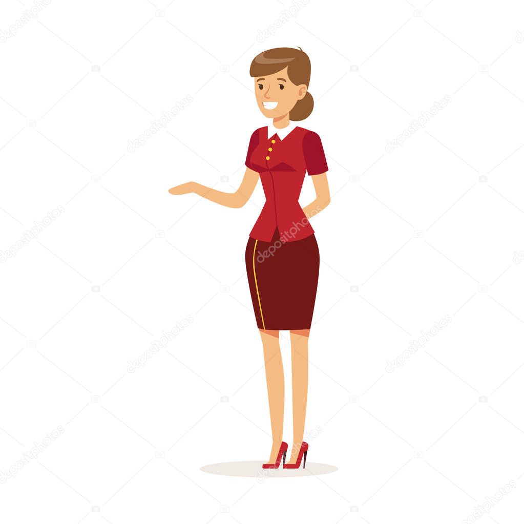 Smiling female hotel manager character wearing red uniform meeting guests, hotel staff vector Illustration