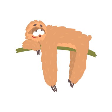 Sevimli mutlu çizgi tembel tembel hayvan karakter ağacı, komik tropikal hayvan vektör çizim yalan