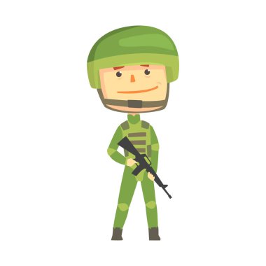 Kamuflaj otomatik saldırı tüfeği karikatür vektör çizim ile Tekdüzen asker karakter