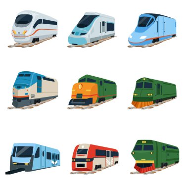 Retro ve modern trenler lokomotif ayarla, demiryolu taşıma vektör çizimler