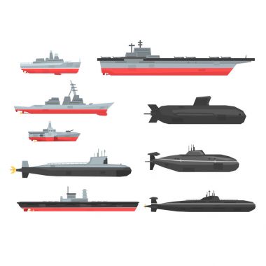 Naval combat ships set, military boats, ships, submarine vector Illustrations clipart