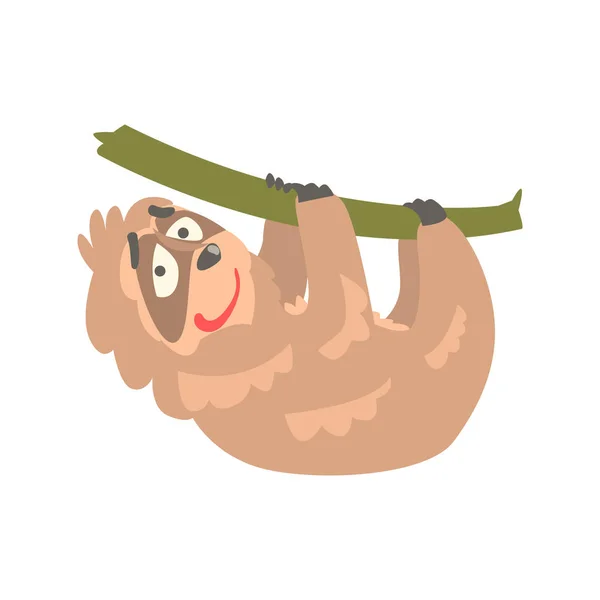 Personagem bonito da preguiça dos desenhos animados pendurado na árvore, vetor animal tropical engraçado Ilustração — Vetor de Stock