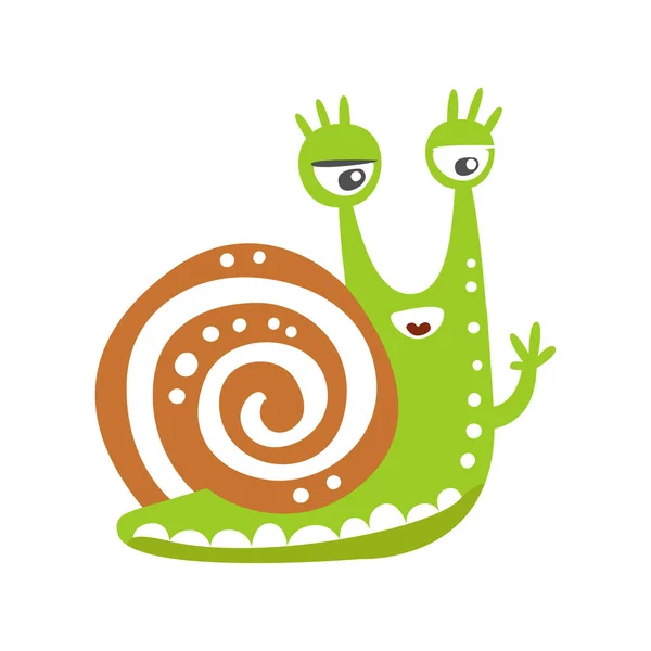 Cute snail character waving its hand, funny mollusk colorful hand drawn vector Illustration — Stock Vector