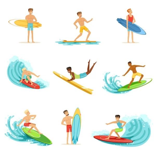 Surfboarders riding on waves set, surfer men with surfboards in different poses vector Illustrations — Stock Vector
