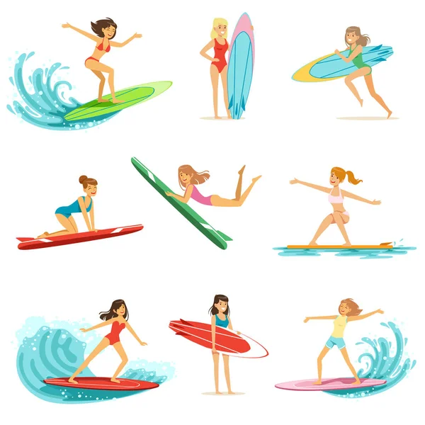 Surfista meninas montando no conjunto de ondas, surfistas em diferentes poses vetor Ilustrações —  Vetores de Stock