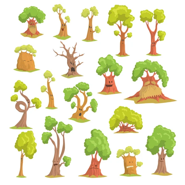 Lindos personajes de árbol conjunto, divertidos árboles humanizados con diferentes emociones colorido mano dibujado vector ilustraciones — Vector de stock