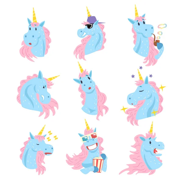 Personnages de licorne drôles avec différentes émotions ensemble vectoriel coloré Illustrations — Image vectorielle