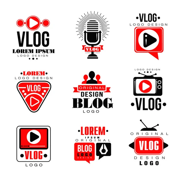 Vlog en blog oorspronkelijke logo ontwerpset, video blogging of videokanaal badges vector illustraties — Stockvector