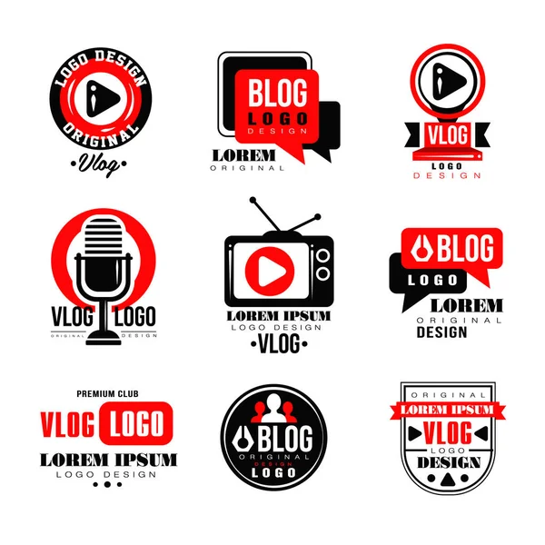 Vlog en blog logo ontwerpset, video blogging badges vector illustraties — Stockvector