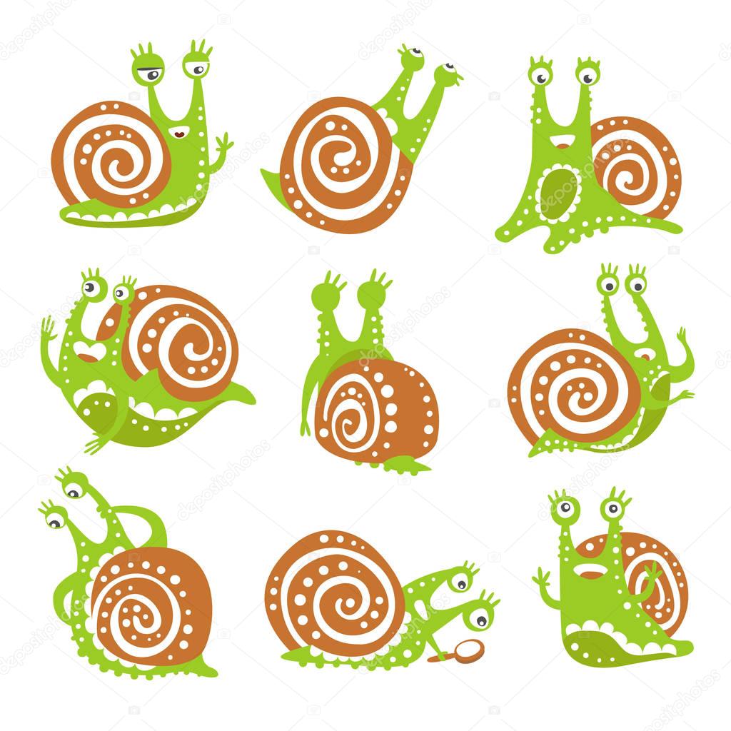Cute snail character set, funny mollusk with different emotions colorful hand drawn vector Illustrations