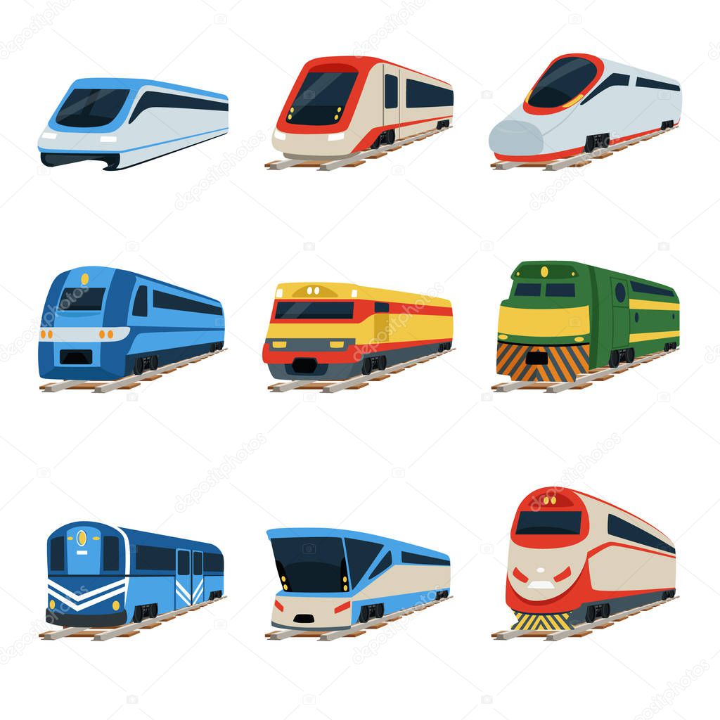 Train locomotive set, railway carriage vector Illustrations