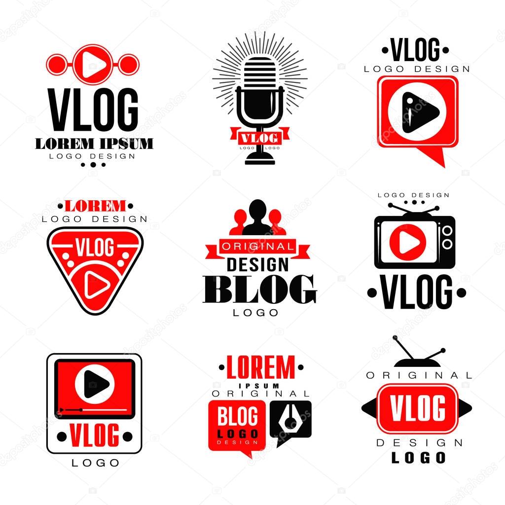 Vlog and blog original logo design set, video blogging or video channel badges vector Illustrations