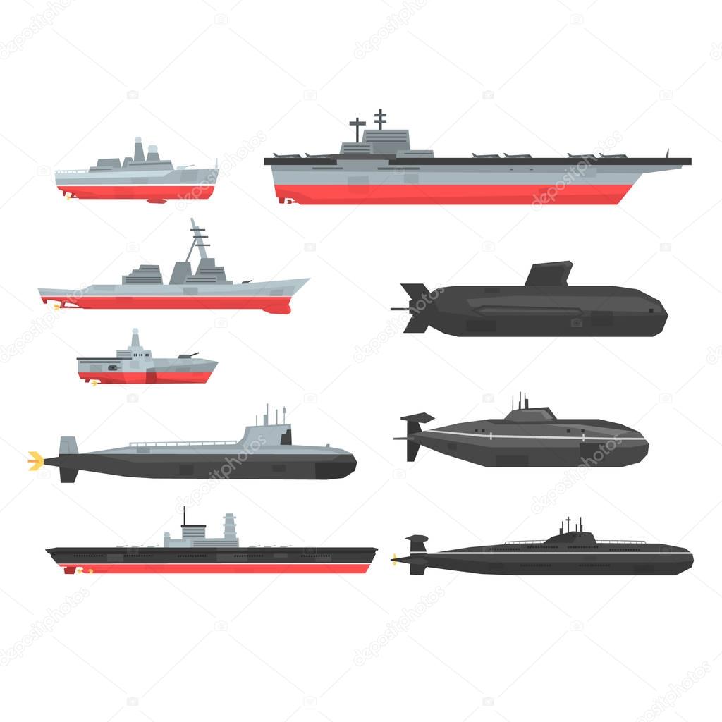 Naval combat ships set, military boats, ships, submarine vector Illustrations