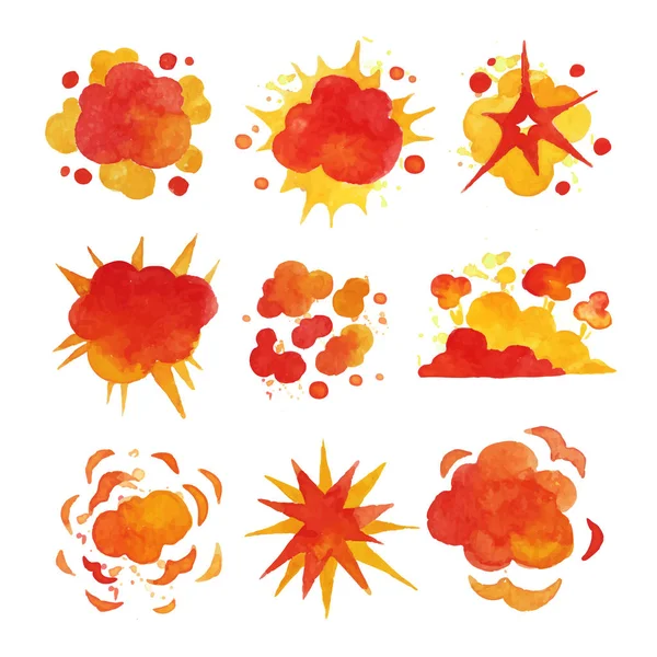 Explosions set, fire explosion effect watercolor vector Illustrations — Stock Vector