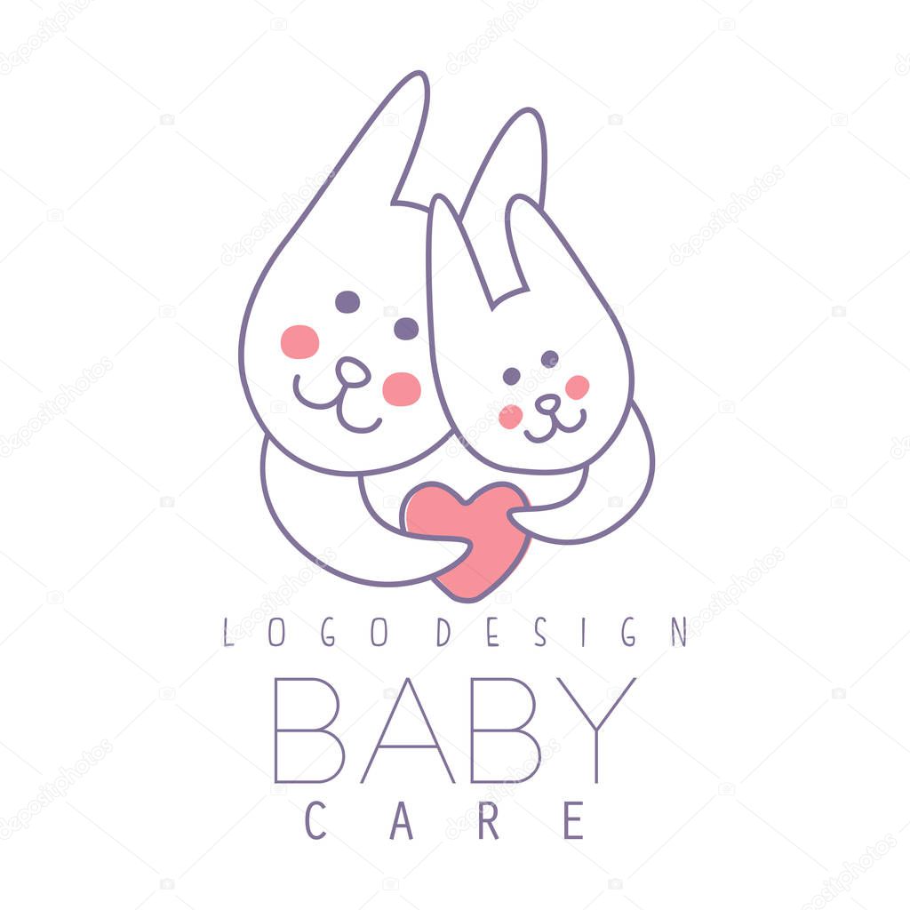 Baby care logo design, emblem with two cute bunnies with heart, label for kids club, baby or toys shop and any other children projects colorful vector Illustration on a white background