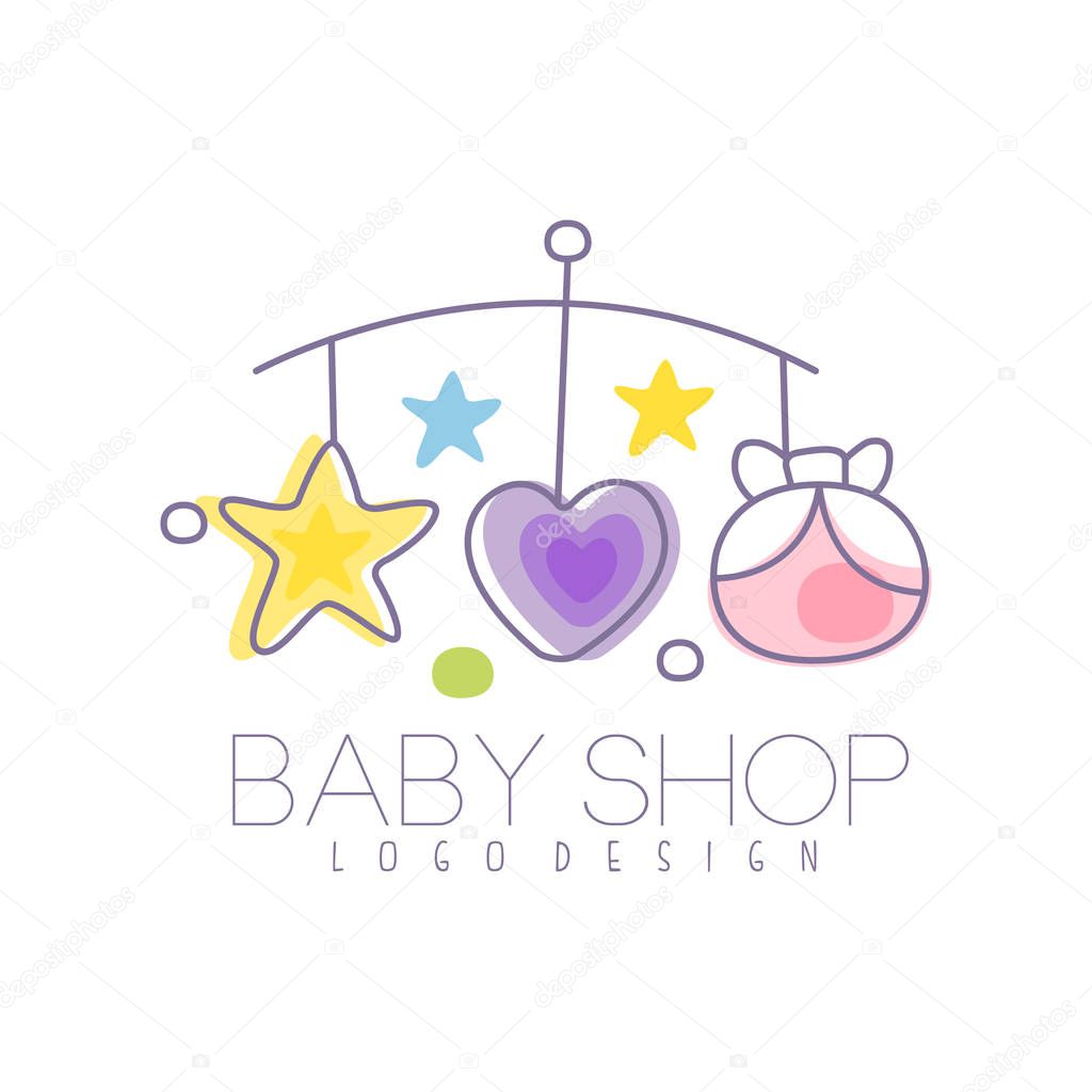 Baby care logo design, emblem with baby bed carousel, label for kids club, baby or toys shop and any other children projects colorful vector Illustration on a white background