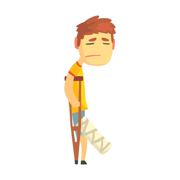 Sad unhappy boy with broken leg — Stock Vector