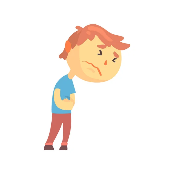Niño infeliz personaje que sufre de dolor abdominal, niño presionando las manos a su ilustración vector de dibujos animados abdomen — Vector de stock