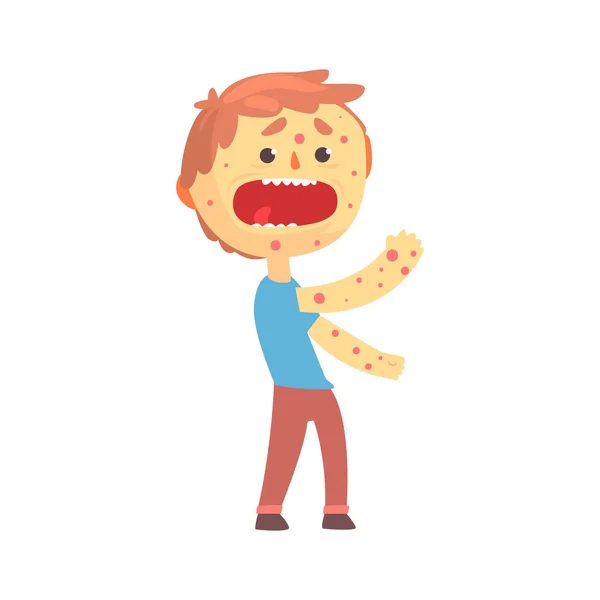 Frightened boy character with a rash on his body — Stock Vector