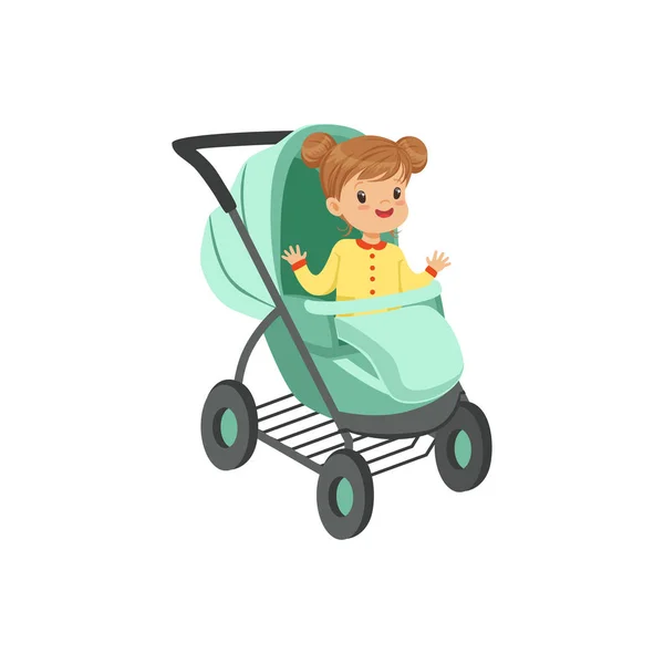 Little girl sitting in baby stroller — Stock Vector