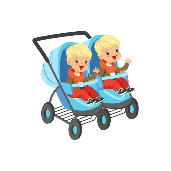 Pojkar som sitter i en blå barnvagn — Stock vektor