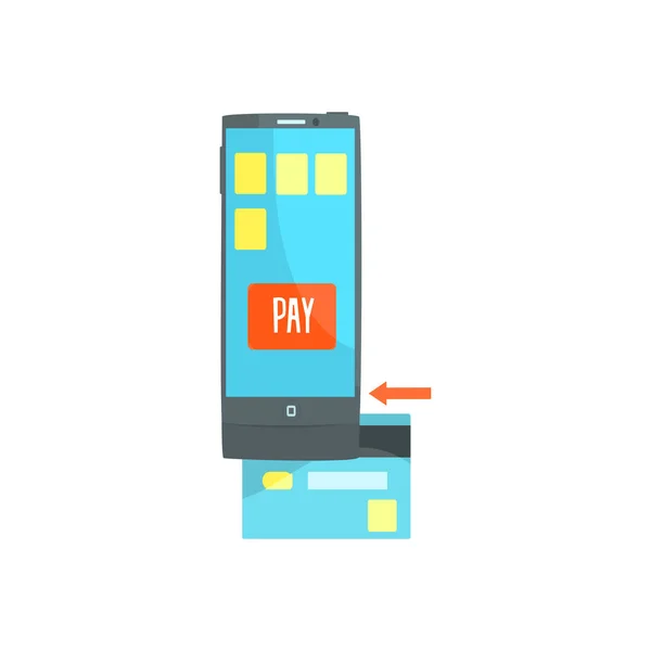 信用卡读卡器智能手机扫描一张信用卡，网上购物、 网上银行卡通矢量图 — 图库矢量图片