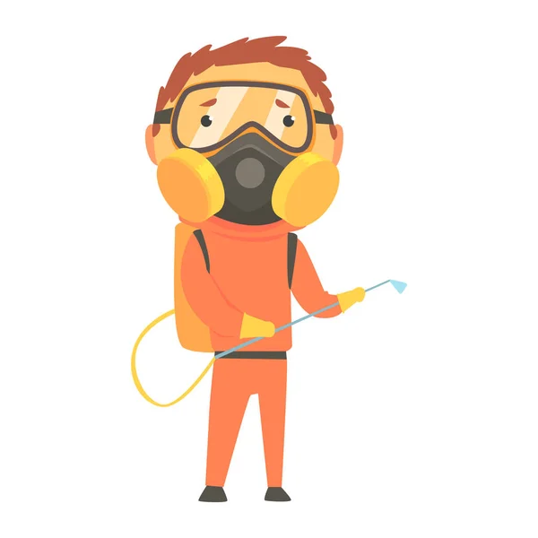 Exterminador em uniforme de proteção laranja e máscara facial, ilustração de vetor de desenho animado de serviço de controle de pragas —  Vetores de Stock