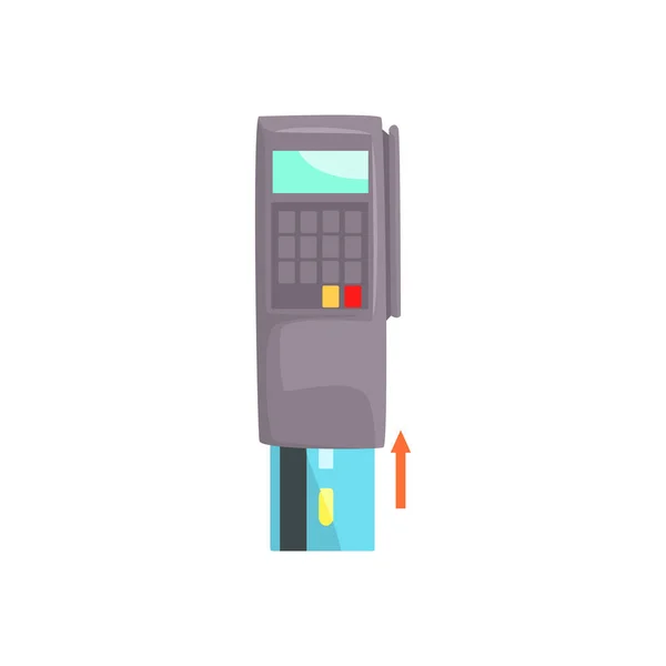POS τερματικό με τοποθετημένη την πιστωτική κάρτα, ηλεκτρονικές τραπεζικές συναλλαγές, πληρωμή μέθοδο καρτούν εικονογράφηση φορέα απομονωθεί σε λευκό φόντο — Διανυσματικό Αρχείο