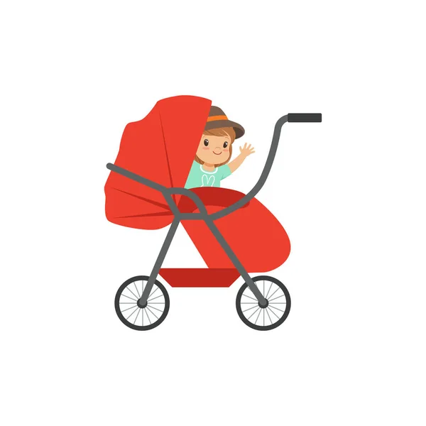 Cute little kid sitting in a red baby pram, safety handle transportation of small childrens vector illustration — Stock Vector