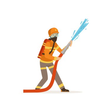 Su, itfaiyeci, iş vektör çizim ile yangın söndürme hortumu tutan tek tip ve koruyucu maske itfaiyeci karakter