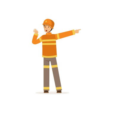 İtfaiyeci karakter konuşma ve doğru itfaiye eri iş yerinde onun parmak işaret düzgün ve koruyucu kask içinde illüstrasyon vektör
