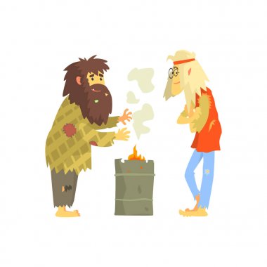 Evsiz erkekler kendilerini ısınma diğer yangın, işsizlik insanların yardım vektör çizim ihtiyacı