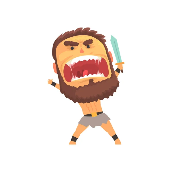 Gritando guerrero atacando con la espada, hombre furioso con la cara emotiva ilustración personaje de dibujos animados vector — Archivo Imágenes Vectoriales