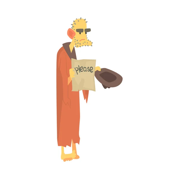 お金、ヘルプのベクトル図を必要とする失業者の帽子が付いている通りに立ってぼろ服で不幸なホームレスの男性キャラクター — ストックベクタ