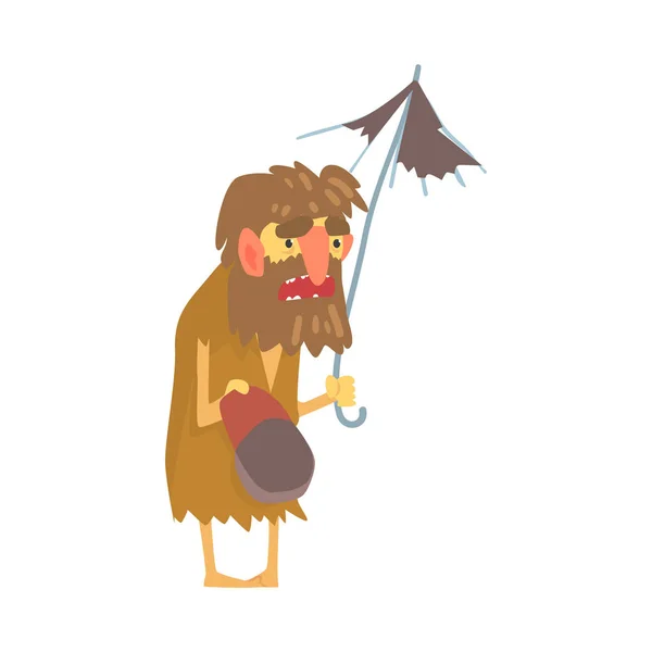 Hombre sin hogar personaje en trapos sucios de pie en la calle con paraguas y gorra por dinero, el desempleo mendigo masculino que necesita ayuda vector ilustración — Archivo Imágenes Vectoriales