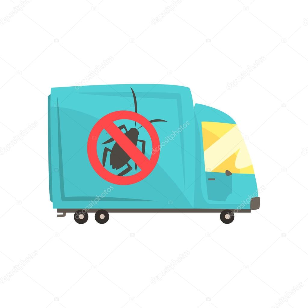 Blue exterminator truck, pest control service cartoon vector illustration