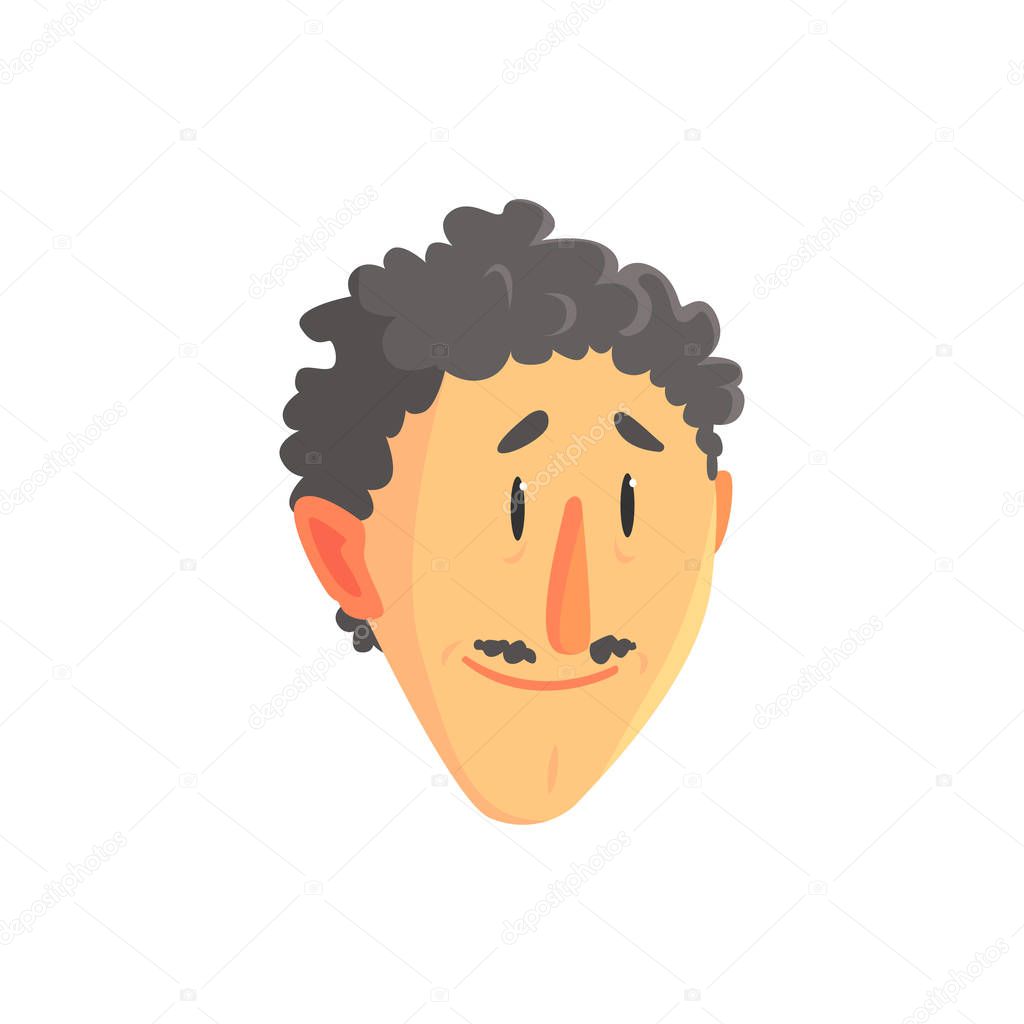 Young curly man head, positive male face with mustache cartoon character vector illustration