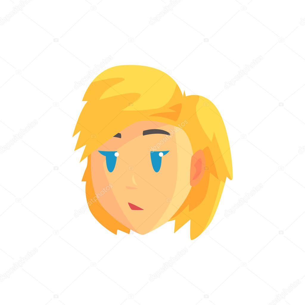 Face of a young beautiful woman, positive female character cartoon vector illustration
