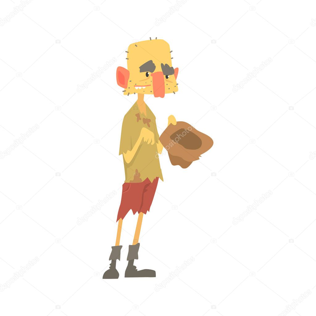 Dirty homeless man character in ragged clothes standing on the street with hat for money, unemployment person needing help vector illustration