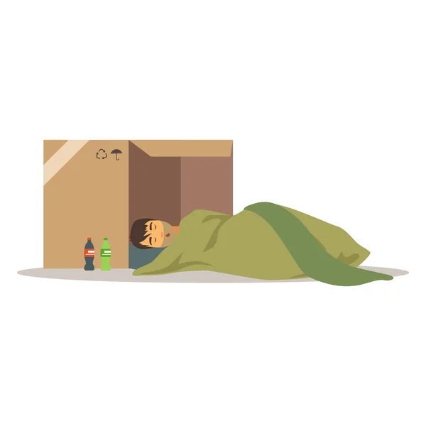 Hombre sin hogar personaje que duerme en la calle en la caja de cartón, hombre de desempleo que necesita ayuda vector ilustración — Vector de stock