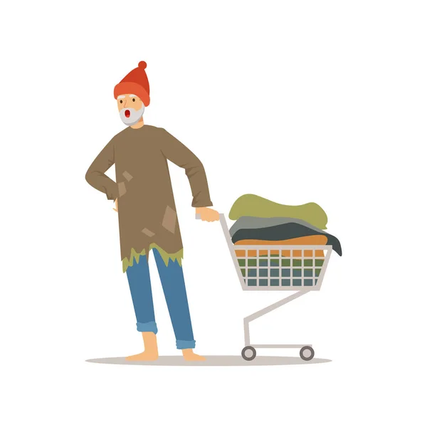 ヘルプのベクトル図を必要とする失業男性乞食の彼の所有物とショッピングカートを押すホームレスの男性キャラクター — ストックベクタ