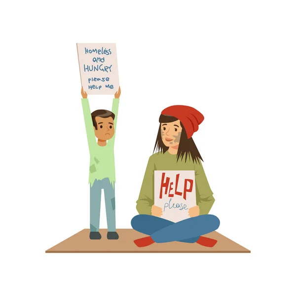 Homeless woman and boy begging in street asking for help, unemployment man needing help vector illustration — Stock Vector