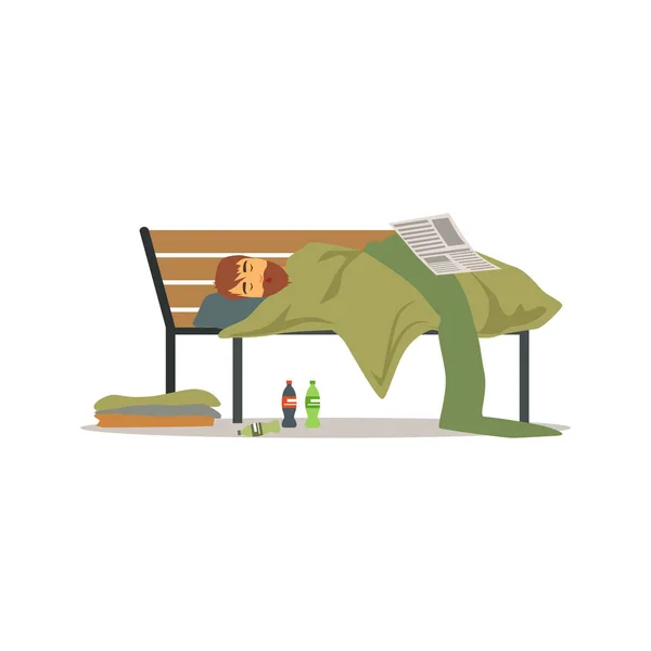 Homme sans abri personnage dormant sur un banc de parc, homme au chômage ayant besoin d'aide illustration vectorielle — Image vectorielle