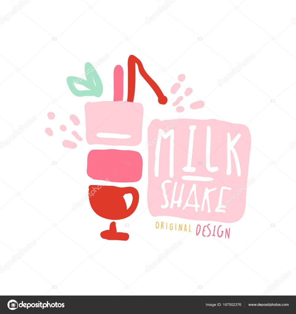 Modello di logo di Milk shake nei colori rosa distintivo per ristorante bar caffetteria menu dolce negozio vettore disegnato mano isolato su sfondo