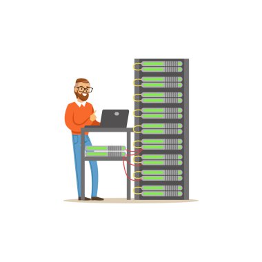 Sistemi, sunucu bakım destek vektör çizim incelemek için dizüstü bilgisayar kullanarak veri merkezinde çalışan ağ mühendis Yöneticisi